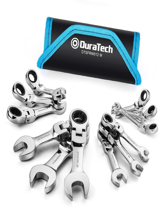 DURATECH Stubby Flex-head Ratcheting Combination Wrench Set, Metric, 12-piece, 8-19mm, CR-V Steel, with Pouch - Image 1