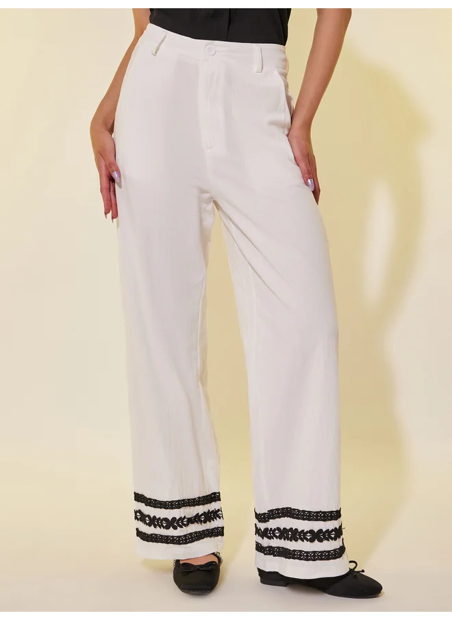تايك تو Take Two Contrast Lace Trim Wide Leg Pants with Belt Loops
