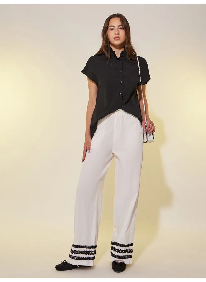 تايك تو Take Two Contrast Lace Trim Wide Leg Pants with Belt Loops