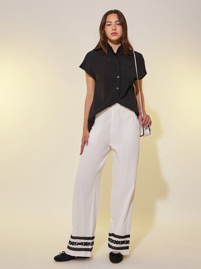Take Two Take Two Contrast Lace Trim Wide Leg Pants with Belt Loops  - Image 1