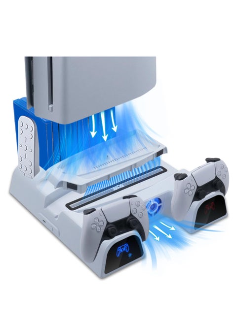 Cooling Stand for PS5 & PS5 Slim Controller Charging Station for Dual PS5 Controllers Vertical Stand with 3-Level Cooling Fan 11 Game Slots Charging Station for PS5 Series - White