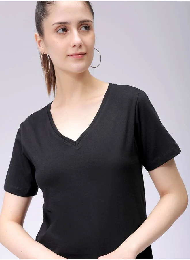 Freehand Women Regular Fit Solid V-Neck T-Shirt