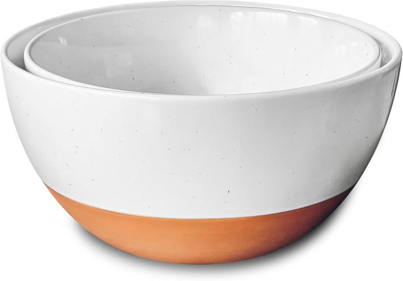 Mora Ceramic Large Mixing Bowls - Set of 2 Nesting Bowls for Cooking, Serving, Popcorn, Salad etc - Microwavable Kitchen Stoneware, Oven, Microwave and Dishwasher Safe - Extra Big 2.5 & 1.6 Qt - White - Image 1
