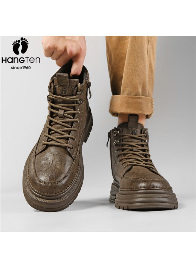 Hang Ten Men's Martin Boots Autumn Winter New Retro Work Boots Casual Comfortable Warm Cotton Shoes With Optional Fleece Lining - Image 1