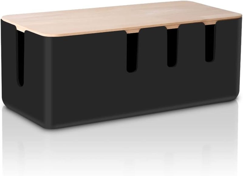 baskiss Cable Management Box by Baskiss Solid Wood Lid Wire Organizer for Desk TV Computer USB Hub System to Cover and Hide  Power Strips  Cords Black Medium  - Image 1