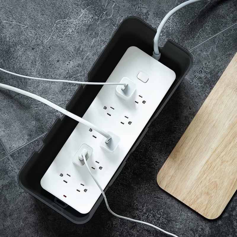 baskiss Cable Management Box by Baskiss Solid Wood Lid Wire Organizer for Desk TV Computer USB Hub System to Cover and Hide  Power Strips  Cords Black Medium  - Image 4