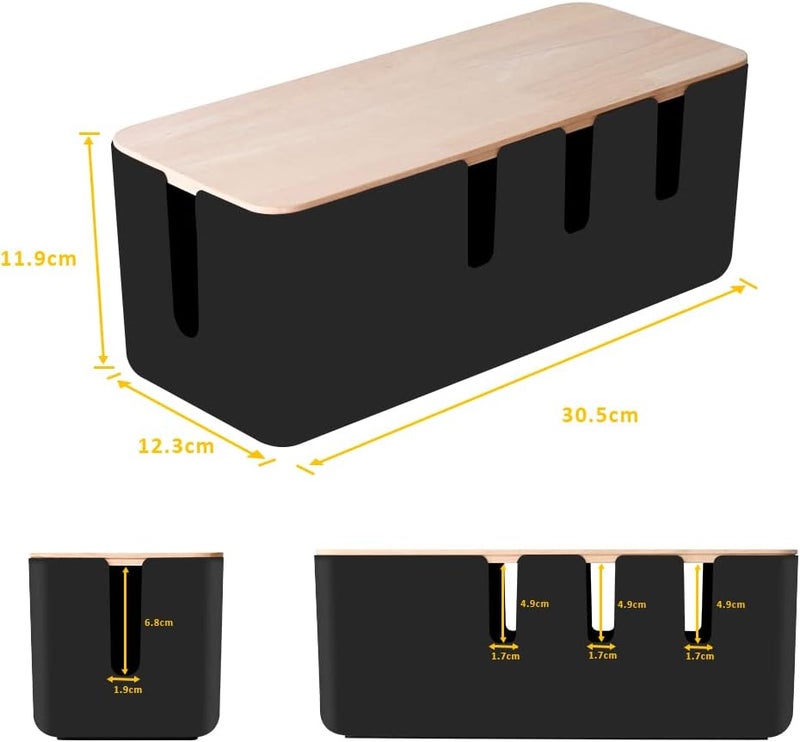 baskiss Cable Management Box by Baskiss Solid Wood Lid Wire Organizer for Desk TV Computer USB Hub System to Cover and Hide  Power Strips  Cords Black Medium  - Image 2