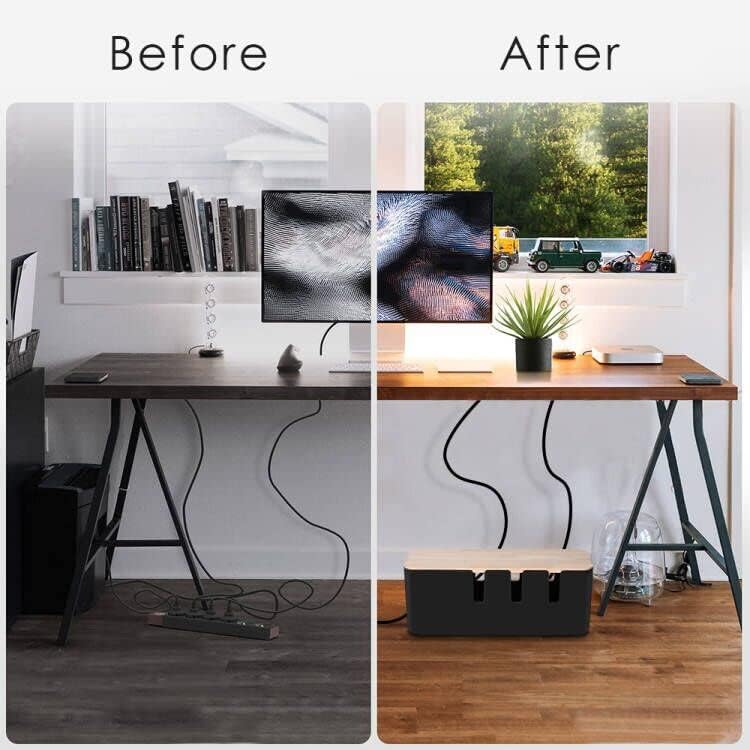 baskiss Cable Management Box by Baskiss Solid Wood Lid Wire Organizer for Desk TV Computer USB Hub System to Cover and Hide  Power Strips  Cords Black Medium  - Image 5