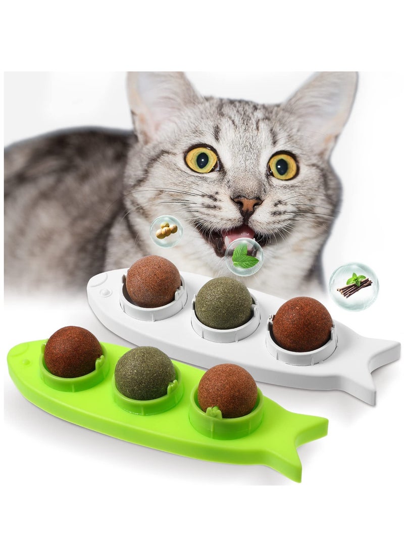Catnip Wall Toys, 6 Pieces Detachable Silvervine Balls with 2 Fish Shaped Containers Rotatable Catnip Ball Cat Licking Ball Kitten Chew Dental Cat Wall Treats for Kitty Pet - Image 1