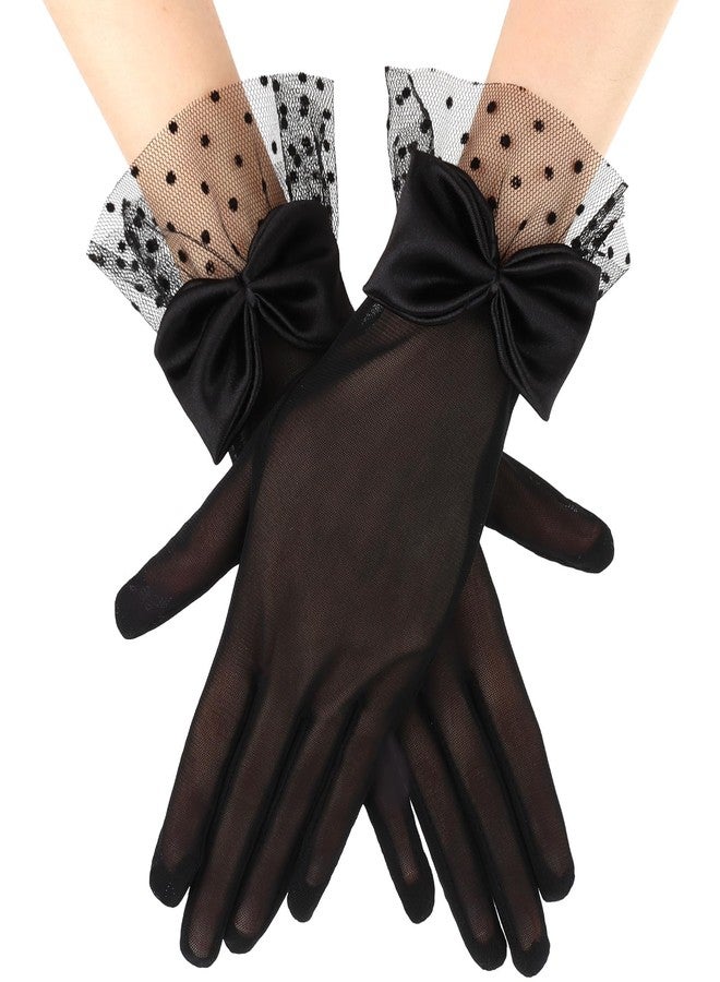 xinxingin 2 PCS Net Gloves for Women, Black Lace Gloves with Bow, Elegant Tea Gloves for Wedding, Evening Events - Image 1