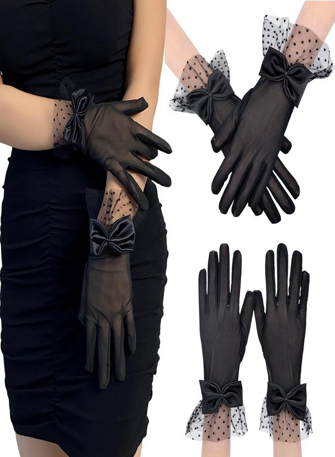 xinxingin 2 PCS Net Gloves for Women, Black Lace Gloves with Bow, Elegant Tea Gloves for Wedding, Evening Events - Image 2