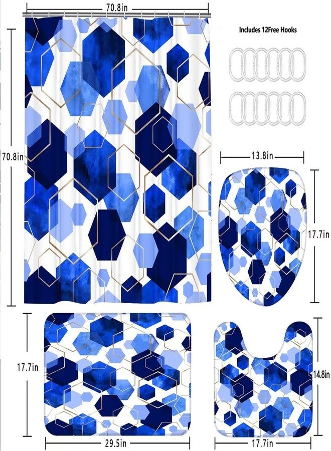 LQCOOL Blue Bathroom Curtain Set, 4Pcs Modern Art Geometric Shower Curtain with 12 Hooks, Waterproof, Blackout, 70.8' L x 70.8' W - Image 4