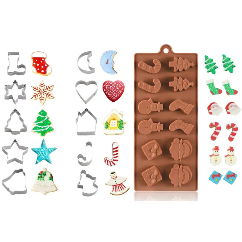 HUSAINI MART 10pc Christmas Cookie Cutter with 12 Slot Christmas Chocolate Mould Combo Santa Claus Gingerbread Gingle Bell Snowman Merry Christmas - Image 1