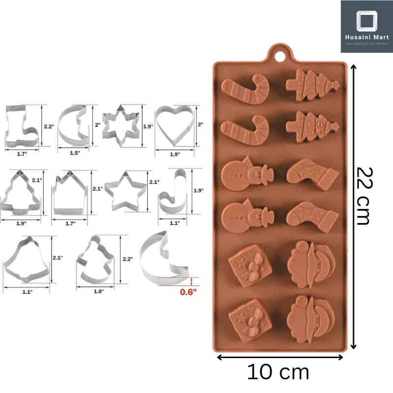 HUSAINI MART 10pc Christmas Cookie Cutter with 12 Slot Christmas Chocolate Mould Combo Santa Claus Gingerbread Gingle Bell Snowman Merry Christmas - Image 2