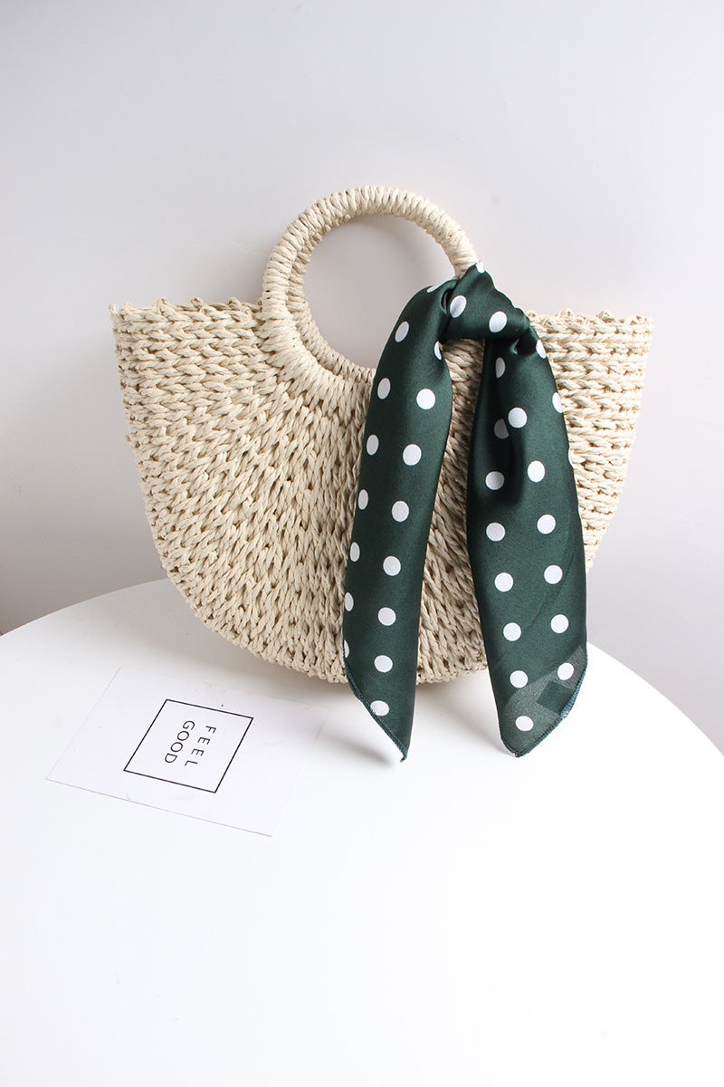 Straw Woven Bag Ins All-Match Silk Scarf Fashion Holiday Style Beach Bag Handmade Semi-Round Handheld Woven Bag Vegetable Basket Bag - Image 1