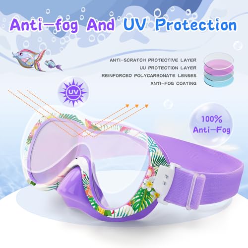Wave Kids Swim Goggles with Nose Cover, 180° Panoramic Snorkel Mask with Anti-Fog & Anti-Leak Design, Comfort Fabric Strap UV Protection Lens for Boys Girls Ages 3-15 - Image 4