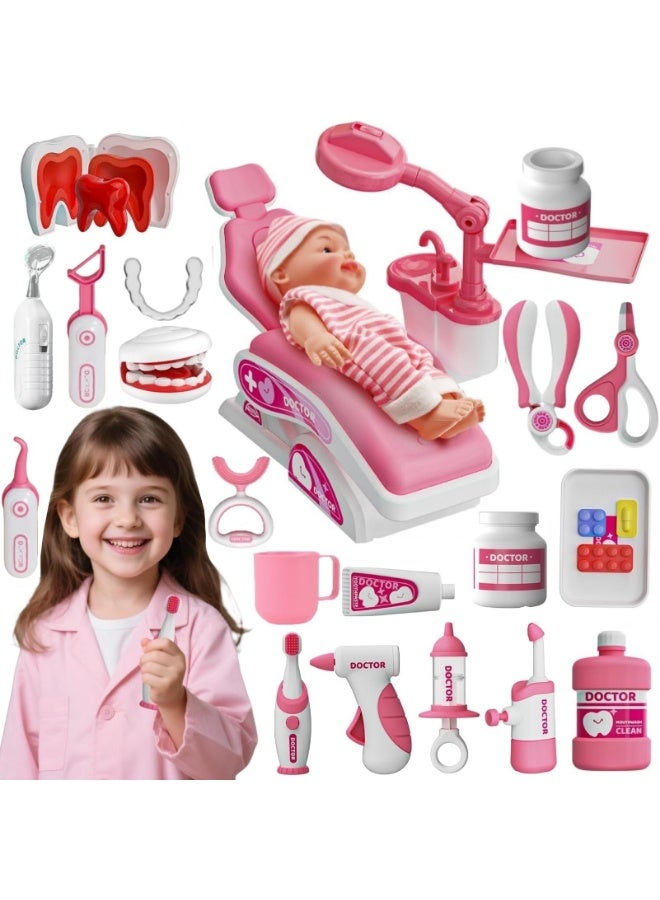 YelaJoy Doctor Kit for Kids, Doctor Play Set for Kids with Teeth Model, Dental Accessories, Toddler Pretend Play Set Doctor Playsets Birthday Gift Toys for Boys Girls 3+ Years Old (Pink) - Image 1