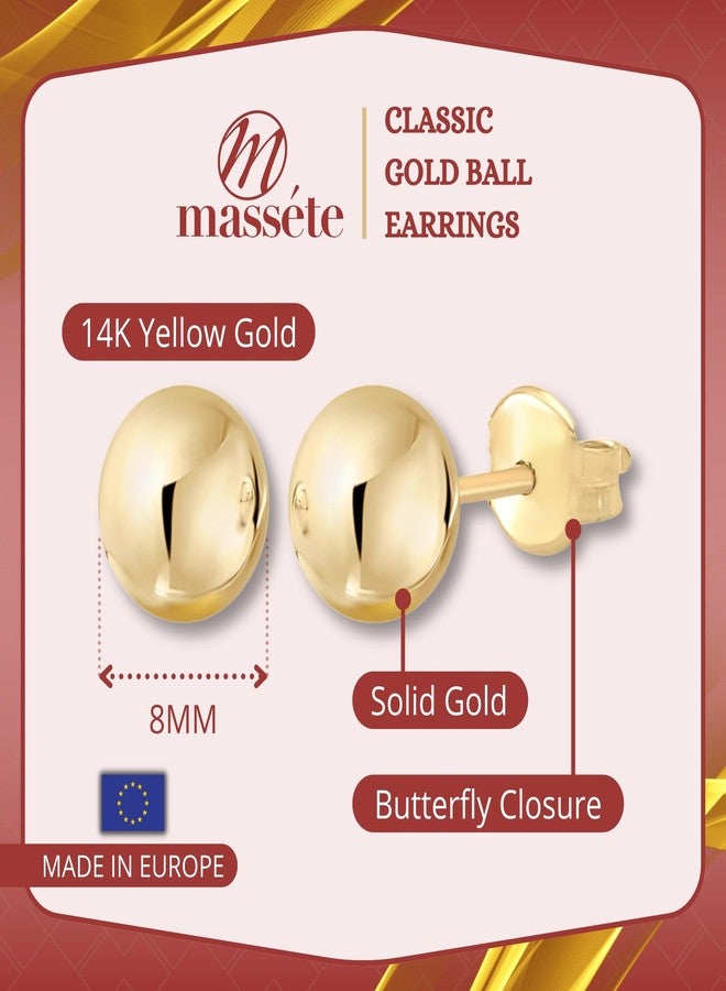 MASSETE 14k Yellow Gold Ball Stud Earrings for Women and Girls Nickel Free 8mm - Image 4