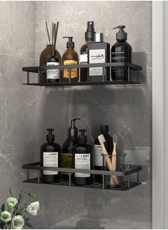 HomarKet 2 Pack Adhesive Bathroom Shower Caddy wall mounted Stainless Steel Floating Storage Shelves For Kitchen and Bathroom Black  - Image 1