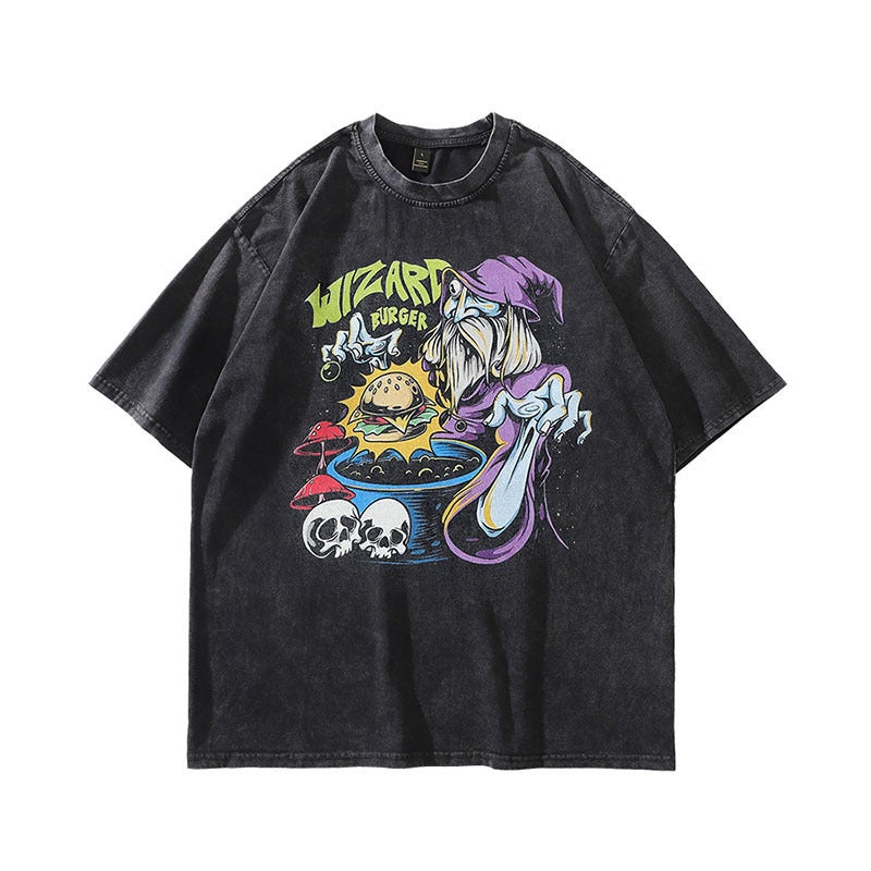 American-Style Vintage Washed Antique Kuso Printed Oversize Retro Short-Sleeved T-Shirt For Men - Image 3