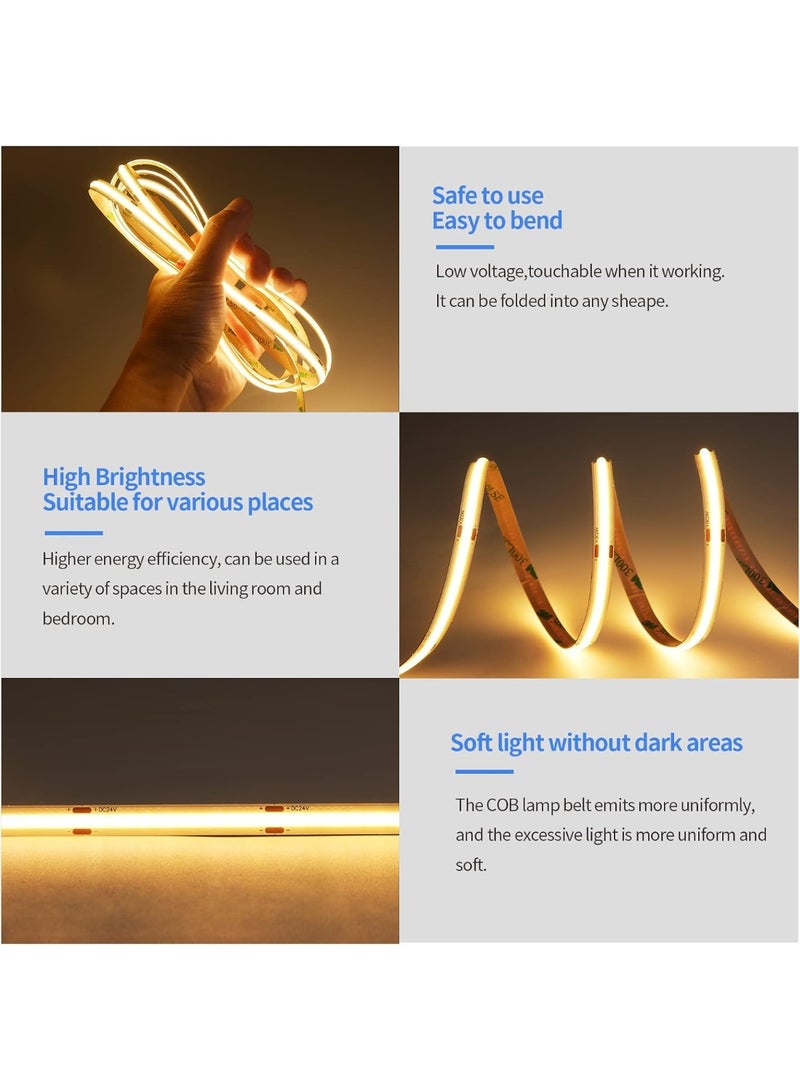 شريط إضاءة LED من SIRYYUI بتقنية COB بطول 5 متر، لون أبيض دافئ 2700 كلفن، بكثافة 480 LED لكل متر، مؤشر تجسيد ألوان CRI +90، مناسب لخزائن المطبخ والديكور المنزلي ومشاريع الإضاءة الداخلية DIY - Image 5