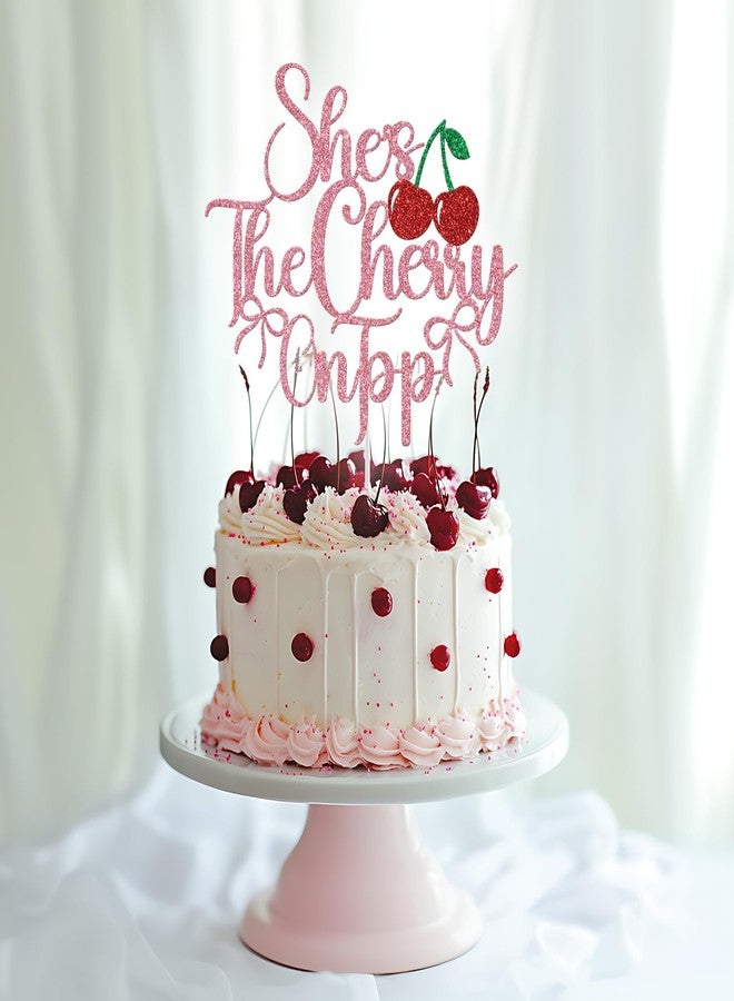 Yotawebery She's The Cherry On Top Cake Topper, Cherry Birthday Cake Decorations, Cherry on Top Decor, Summer Fruit Theme Baby Shower Birthday Bachelorette Party Decorations (Pink) - Image 3
