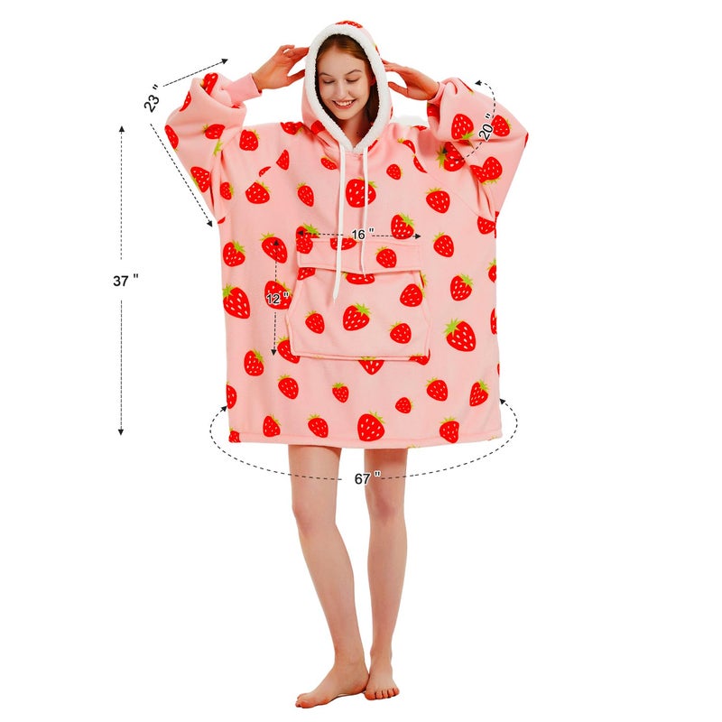 Qeils Qeils Oversized Wearable Blanket Hoodie | Comfy Sherpa Sweatshirt Pullover Jacket Gifts for Adults Mom Wife Girlfriend Men (Large Pocket  Strawberry  Adult)  - Image 3