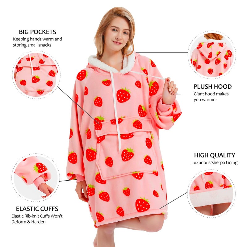 Qeils Qeils Oversized Wearable Blanket Hoodie | Comfy Sherpa Sweatshirt Pullover Jacket Gifts for Adults Mom Wife Girlfriend Men (Large Pocket  Strawberry  Adult)  - Image 4