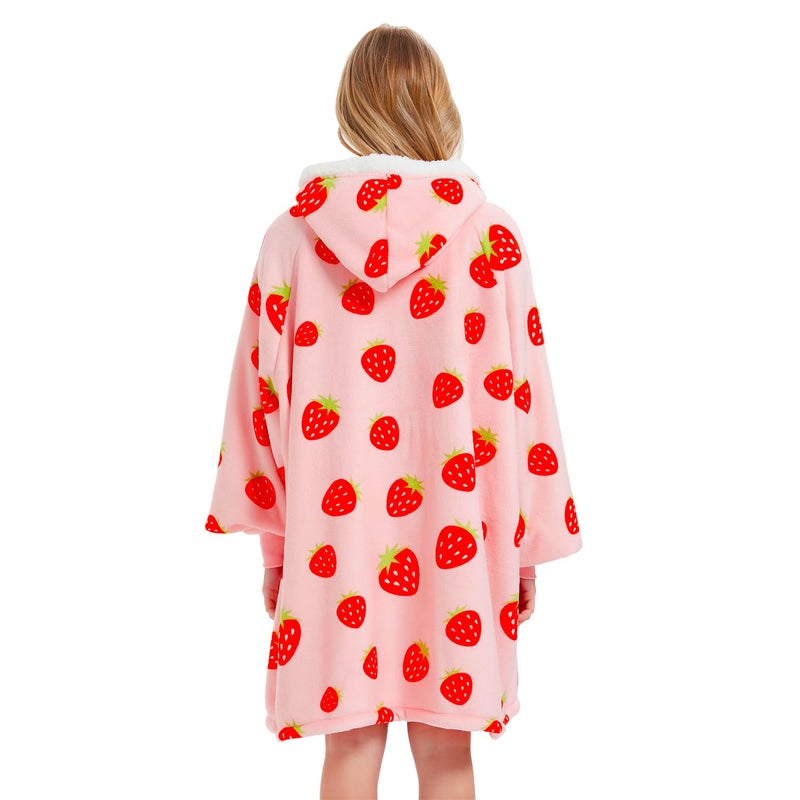 Qeils Qeils Oversized Wearable Blanket Hoodie | Comfy Sherpa Sweatshirt Pullover Jacket Gifts for Adults Mom Wife Girlfriend Men (Large Pocket  Strawberry  Adult)  - Image 5
