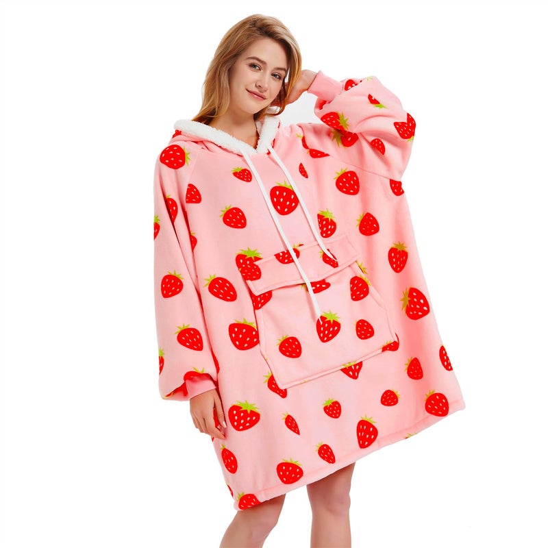 Qeils Qeils Oversized Wearable Blanket Hoodie | Comfy Sherpa Sweatshirt Pullover Jacket Gifts for Adults Mom Wife Girlfriend Men (Large Pocket  Strawberry  Adult)  - Image 1