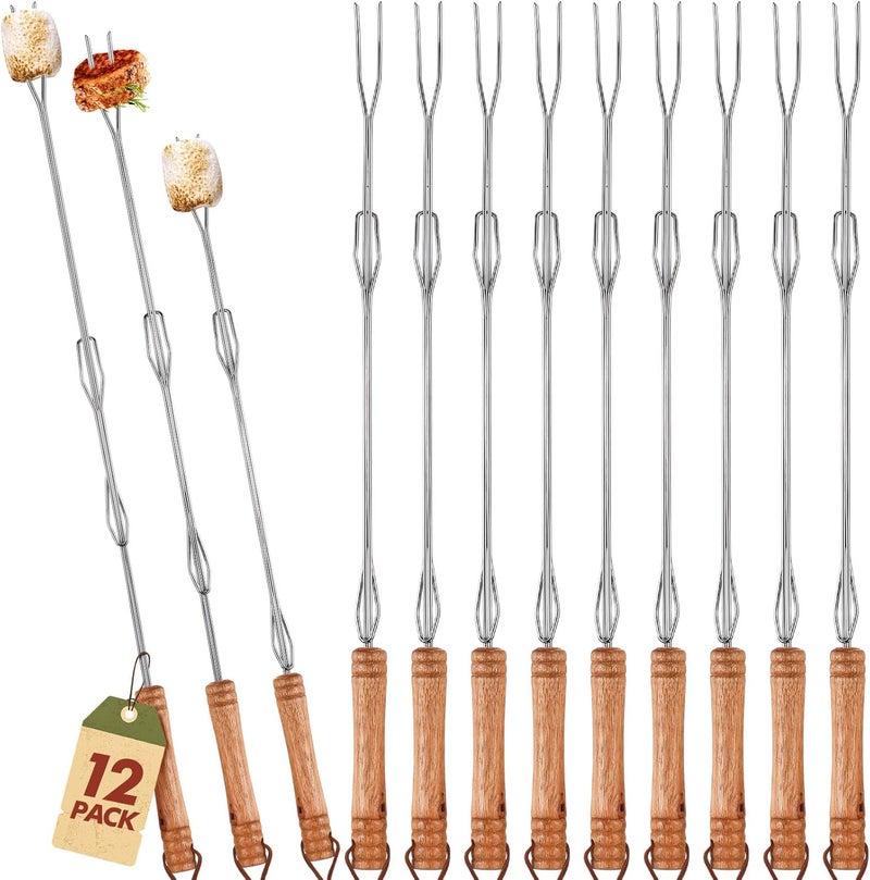 Minatee 12 Pack Marshmallow Roasting Sticks 30 Inch Fall Extra Extendable Smores Skewers, Hot Dog Stick for Campfire, with Wooden Telescoping Corn BBQ Utensil Holder Kit Outdoor Camping for Fire Pit - Image 1