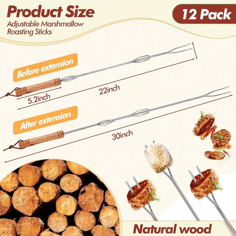 Minatee 12 Pack Marshmallow Roasting Sticks 30 Inch Fall Extra Extendable Smores Skewers, Hot Dog Stick for Campfire, with Wooden Telescoping Corn BBQ Utensil Holder Kit Outdoor Camping for Fire Pit - Image 2