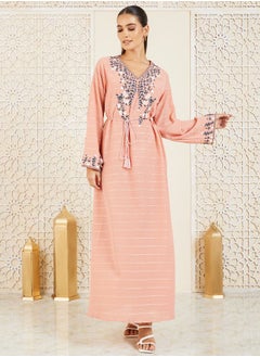 Embroidered Textured Jalabiya with Tie Up Cord