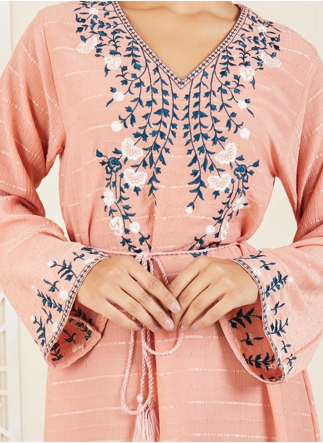 Styli - Embroidered Textured Jalabiya with Tie Up Cord - Image 1