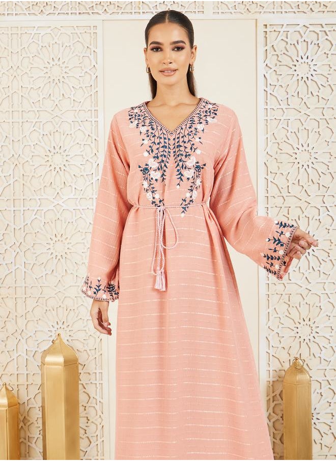 Styli - Embroidered Textured Jalabiya with Tie Up Cord - Image 1