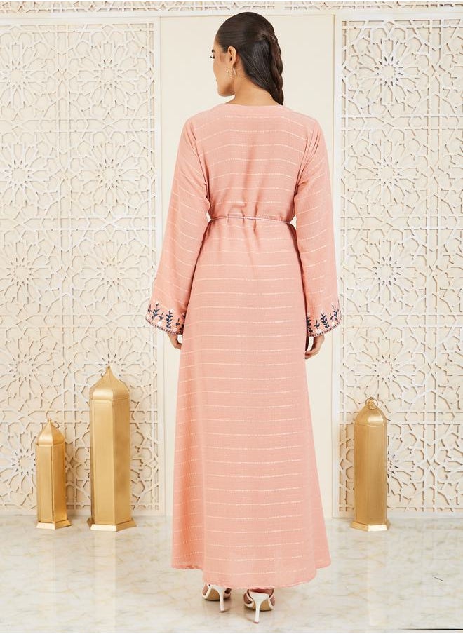 Styli - Embroidered Textured Jalabiya with Tie Up Cord - Image 1