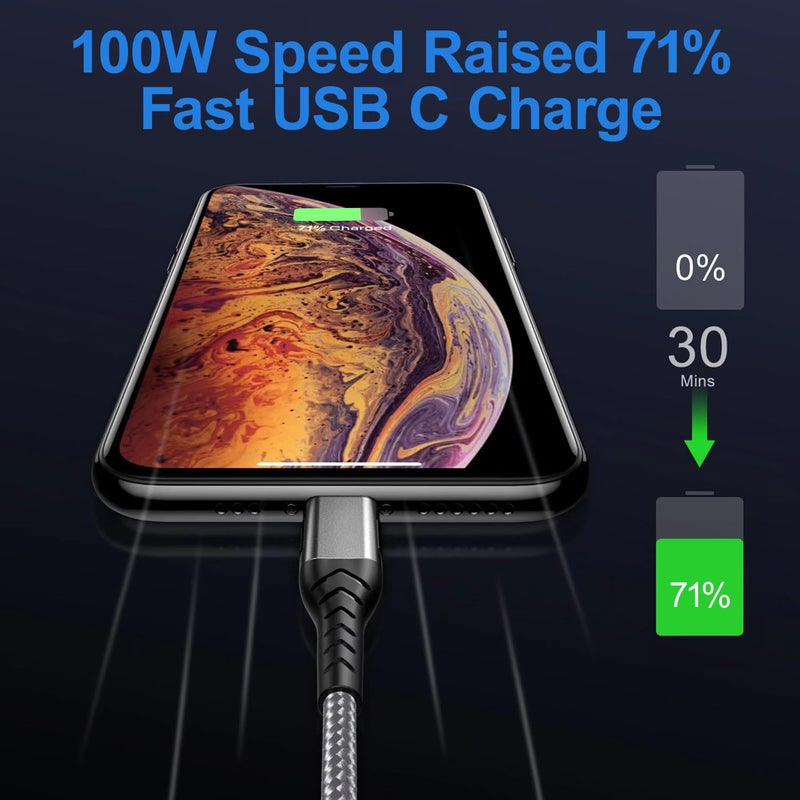 Durcord USB C to USB C Cable, 2Pack 100W 6ft USB C Charger Cable Fast Charging for Android/Phone/Pad, Type C to Type C Charger Braided USB Cable Compatible withi Phone 15 Pro Plus Max Silver - Image 3