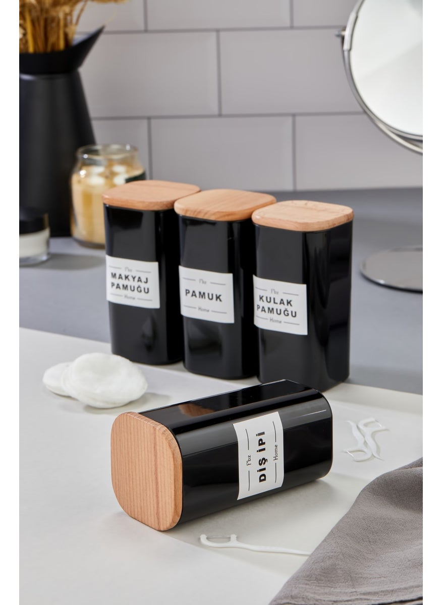 Fbz Home 4-Piece Wooden Cover Acrylic Dental Floss & Cotton Buds & Cotton & Makeup Cotton Bathroom Set 300 ml Black  - Image 1
