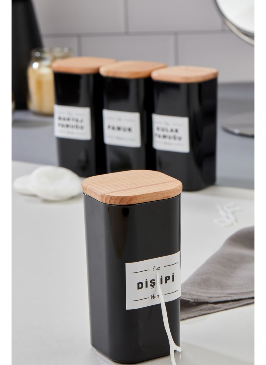 Fbz Home 4-Piece Wooden Cover Acrylic Dental Floss & Cotton Buds & Cotton & Makeup Cotton Bathroom Set 300 ml Black  - Image 2
