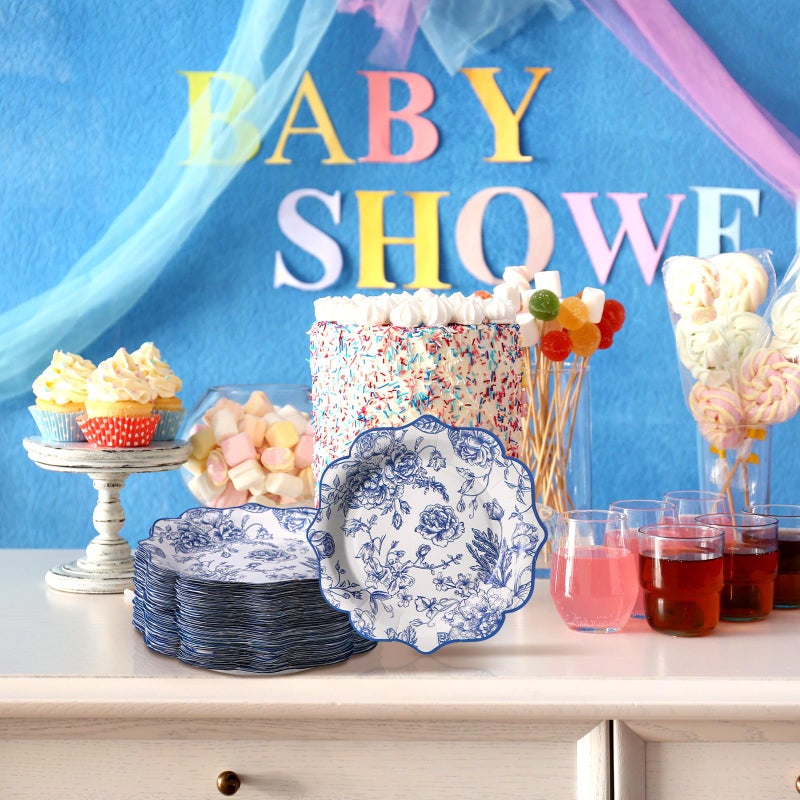 Suttmin 100 Pcs Chinoiserie Paper Plates Disposable Dessert Baby Bridal Shower Party Supplies Floral Dessert Plates Bulk Birthday Tea Party Serving Tray for Wedding Birthday - Image 3