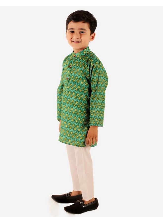 Superminis - superminis Baby Boys Printed Cotton Kurta With White Pyjama Dress (9-10 Years, Green) - Image 1