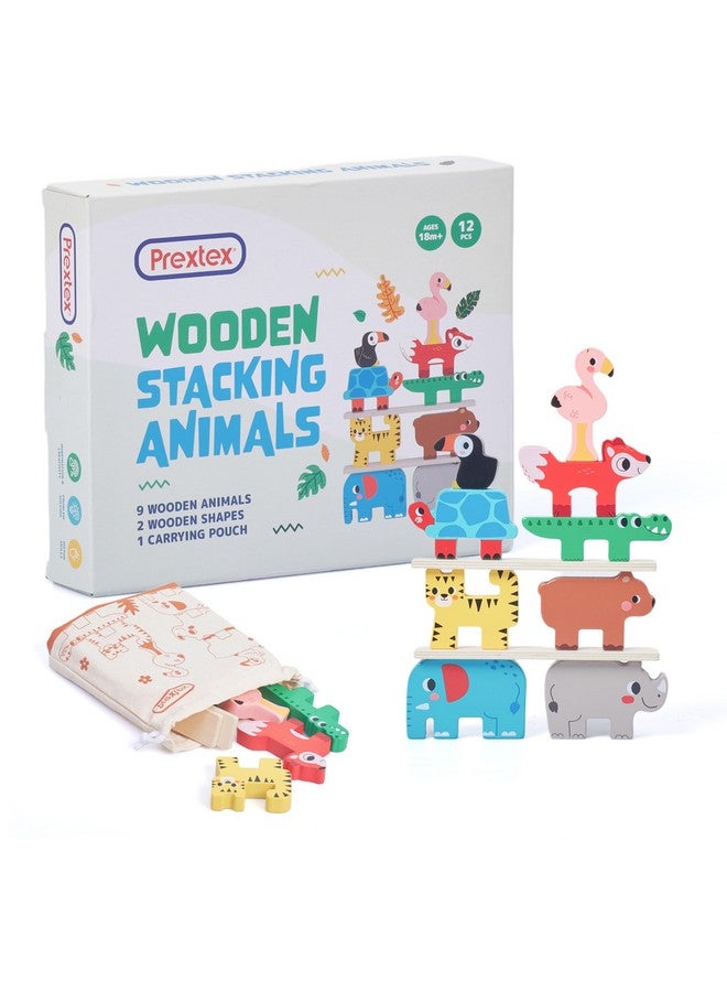 Prextex PREXTEX Wooden Stacking Toys - Montessori-Inspired Wooden Sorting Play Set - Educational Balance and Motor Skills Set, Colorful Zoo Animal with 9 Animals, 2 Boards, Carrying Pouch - Ages 18 Months+  - Image 1