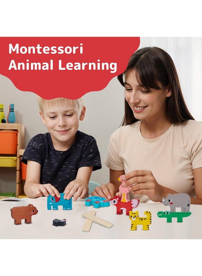 Prextex PREXTEX Wooden Stacking Toys - Montessori-Inspired Wooden Sorting Play Set - Educational Balance and Motor Skills Set, Colorful Zoo Animal with 9 Animals, 2 Boards, Carrying Pouch - Ages 18 Months+  - Image 2