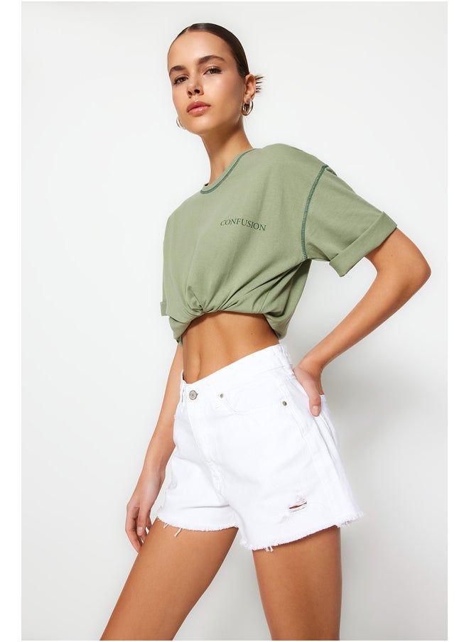trendyol - White Ripped Detail Denim Shorts TWOSS23SR00154 - Image 1