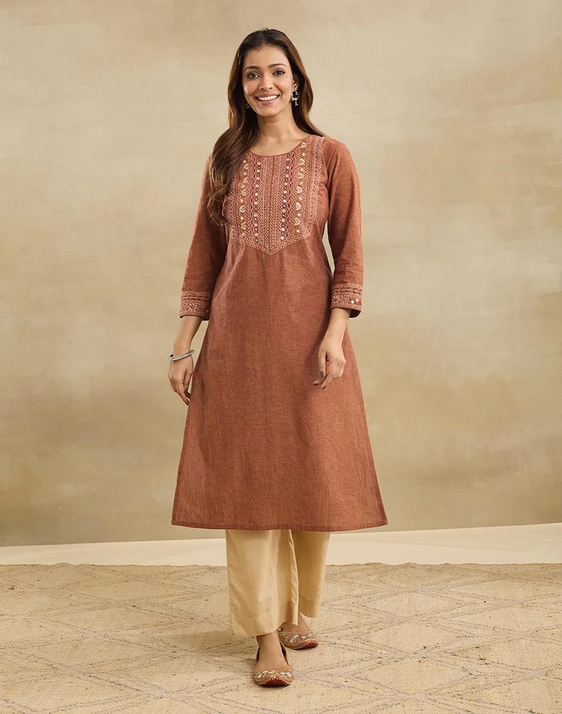 فاب انديا Orange Cotton Embroidered Long Kurta