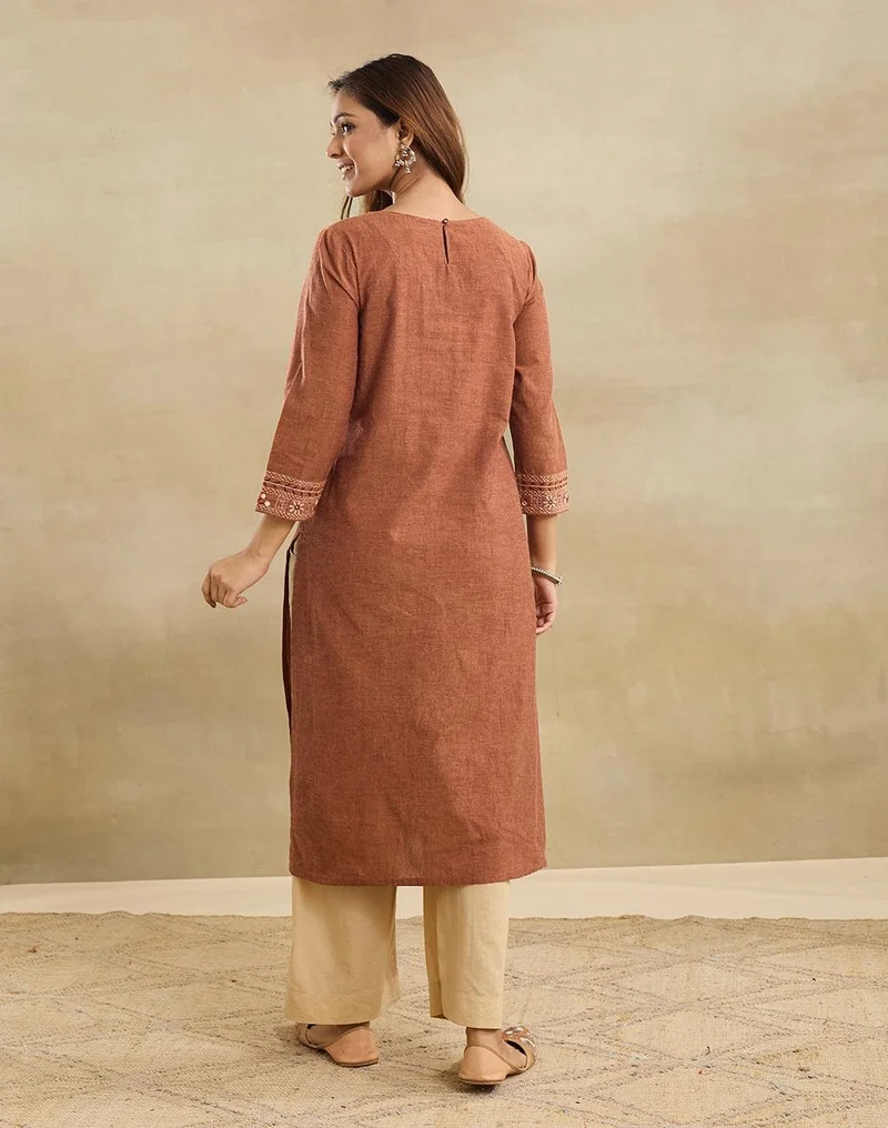 Fabindia  Orange Cotton Embroidered Long Kurta for Women | Best Price UAE