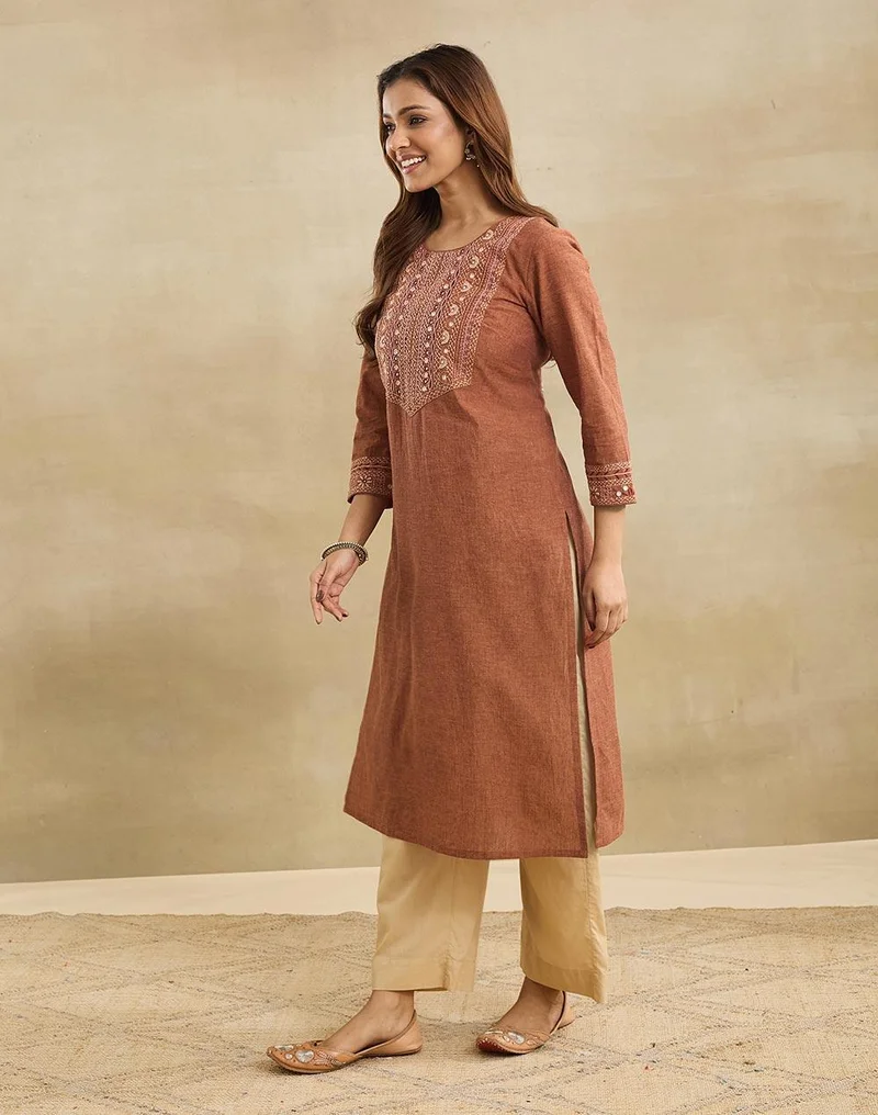 Fabindia  Orange Cotton Embroidered Long Kurta for Women | Best Price UAE