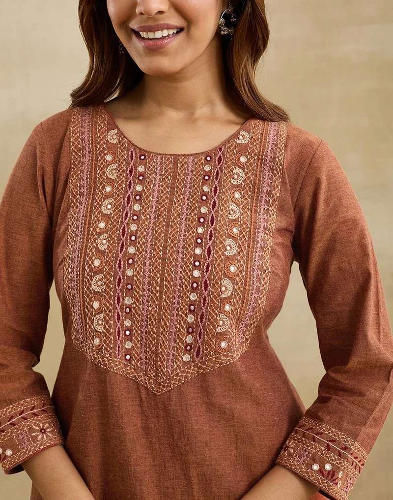Fabindia  Orange Cotton Embroidered Long Kurta for Women | Best Price UAE