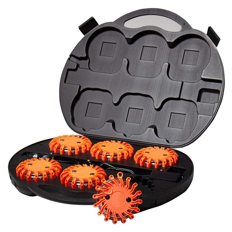 SpeedTech Lights 6 Pack of Rechargeable 16 LED Road Flare Disc Warning Beacon Emergency Flares for The Car Truck Bike RV Vehicles Roadside Emergency Kit wCharger Carrying Case Included