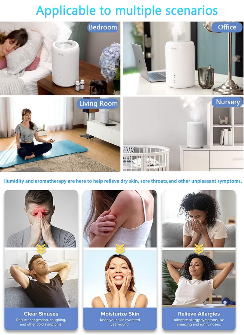 Humidifier For Living Room, Bedroom, Top-Fill Cool Mist Humidifier And Essential Oil Diffuser, Smart Sleep Mode, Silent Operation, Automatic Shut-Off.